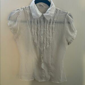 Light Gray Polka Dot Ruffle Front Blouse